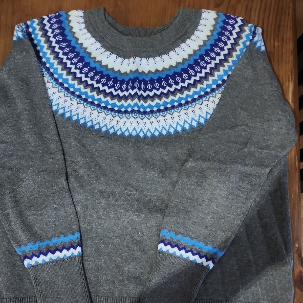 Gray Fair Isle Sweater with Blue Accents